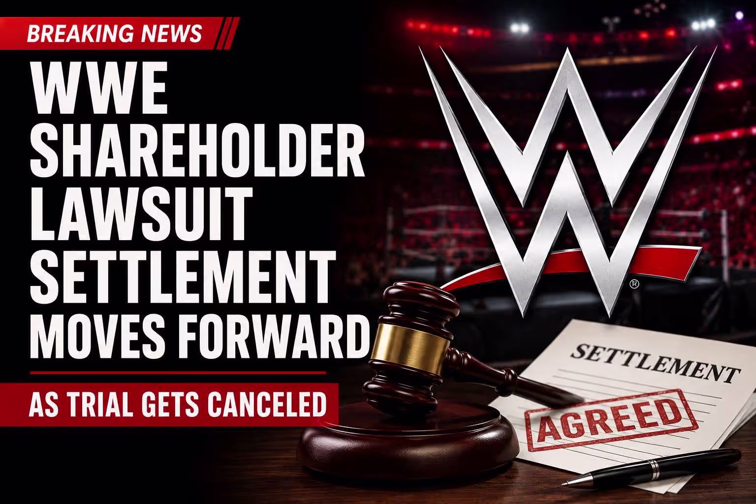 Stylized WWE logo positioned beside a judge’s gavel on stacked legal documents atop a polished wooden desk in a formal courtroom setting with blue and gold tones.